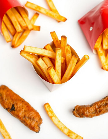 French fries and sausages on a white background. Fast food.の写真素材