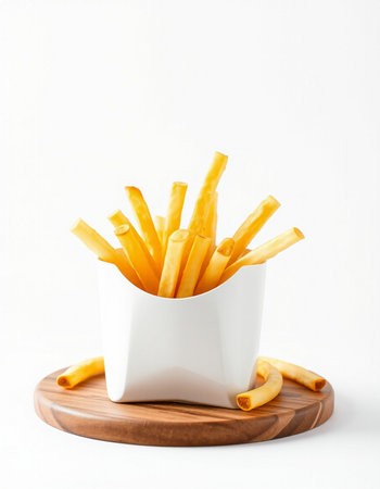 French fries in a white bowl on a wooden board on a white background