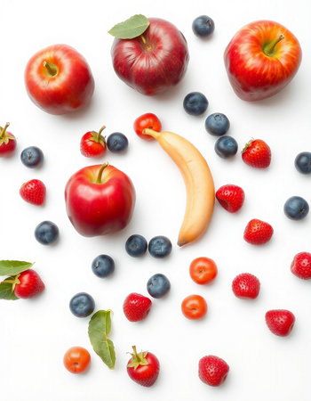 Fruits and berries on white background. Flat lay, top view