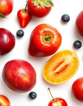 Fruits and berries on white background. Flat lay, top view