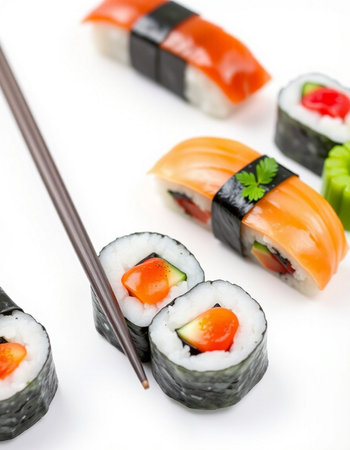 Sushi rolls with salmon, avocado and cucumber isolated on white backgroundの写真素材