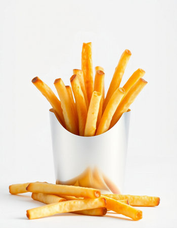 Crispy french fries in a paper cup on a white background