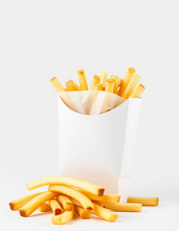 French fries in a white box on a white background. Copy space