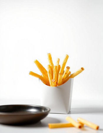 French fries in a white cup on a white background. Selective focus.