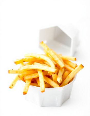 French fries in a white bowl on a white background. Selective focus.