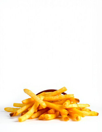 Golden French fries potatoes on white background with copy space for text.
