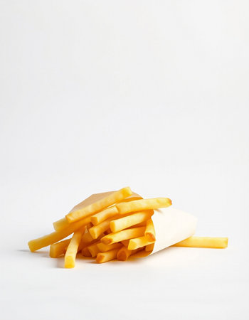 French fries on a white background with space for text, fast food