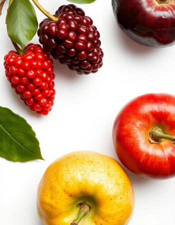 Fruits and berries on white background. Flat lay, top viewの写真素材