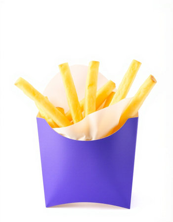 French fries in paper box isolated on white background. Fast food.の写真素材