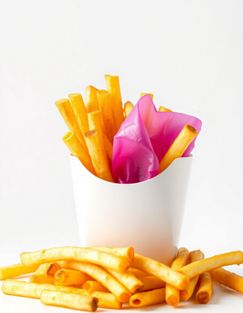 French fries in a paper cup on a white background. Fast food.の写真素材
