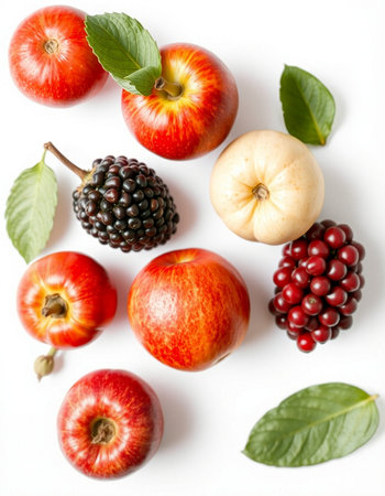 Composition with apples and berries on white background. Flat lay, top view