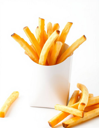 French fries in a white box on a white background close-up