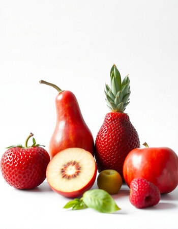 Fresh fruits isolated on white background. Strawberries, apples, pears, kiwi, grapesの写真素材