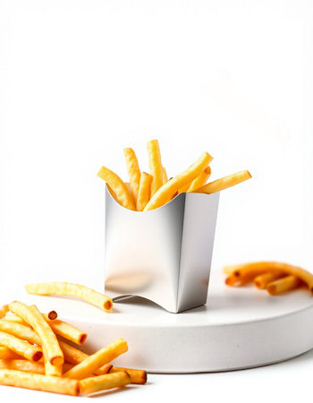 French fries in a paper box on a white background. Selective focus.