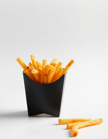 French fries in a black box on a white background with copy spaceの写真素材