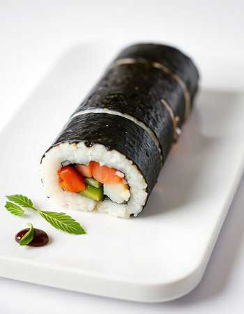 Japanese Cuisine - Sushi Roll with Salmon, Cream Cheese and Raw Salmon inside. Nori outsideの写真素材
