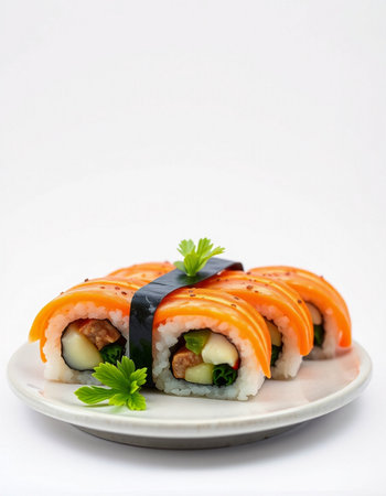 Sushi roll with salmon, avocado and cucumber on white backgroundの写真素材