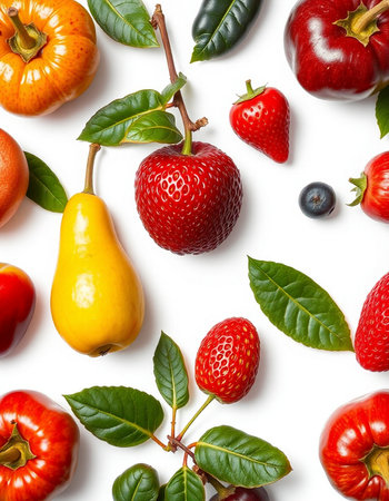 Fruits and berries on white background. Flat lay, top viewの写真素材