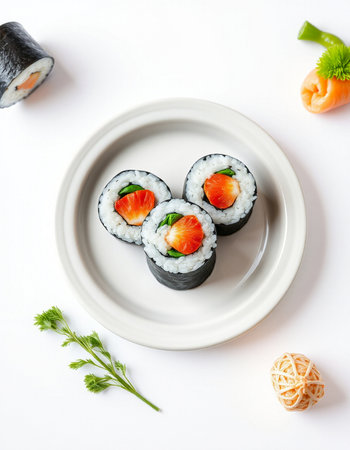 Sushi roll with salmon and cucumber on a white background.の写真素材