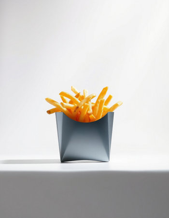 French fries in a paper box on a white background. Fast food.の写真素材