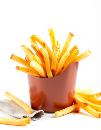 French fries in a bowl on a white background. Selective focus.