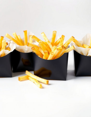 French fries in paper boxes on a white background. Close-up.の写真素材