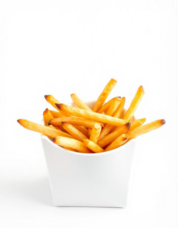 French fries in a white bowl on a white background. Isolated