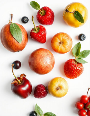 Fruits and berries on white background. Flat lay, top viewの写真素材