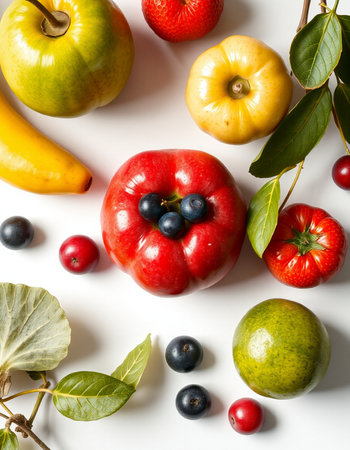 Flat lay composition with different fruits and berries on white background, top view