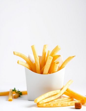 French fries in a white paper box on a white background. Selective focus.