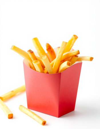 French fries in a red box on a white background. Isolated