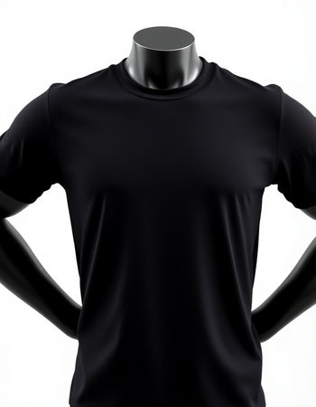 Black T-shirt on a mannequin isolated on white backgroundの写真素材