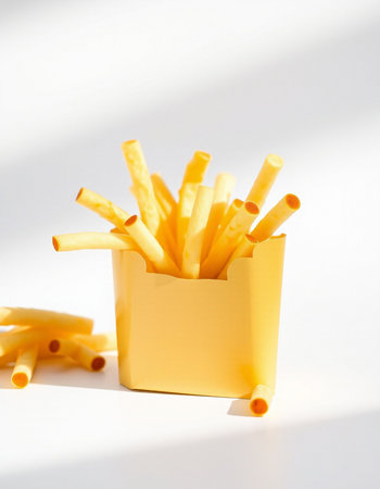 French fries in a yellow box on a white background with shadow.の写真素材