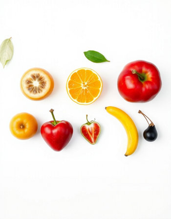 Fruits on white background. Flat lay, top view, copy spaceの写真素材