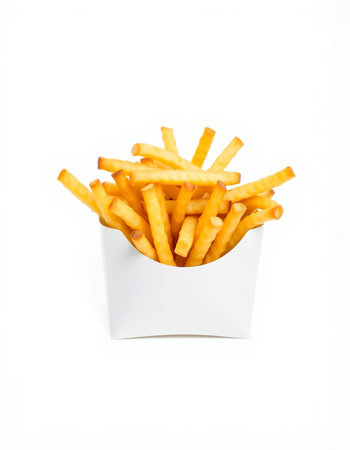 French fries in a white box on a white background. Isolated