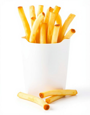 French fries in a white paper cup isolated on a white background.