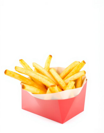 French fries in a red box isolated on white background with clipping path