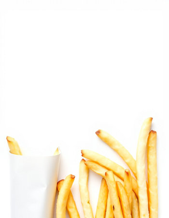 French fries with white paper bag on white background. Top view.の写真素材