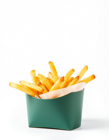 French fries in paper box isolated on white background. Fast food concept.の写真素材