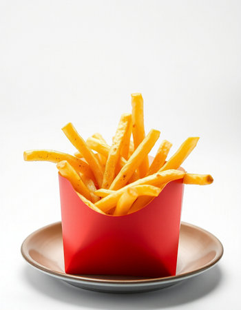 French fries in a red box on a white background, fast foodの写真素材