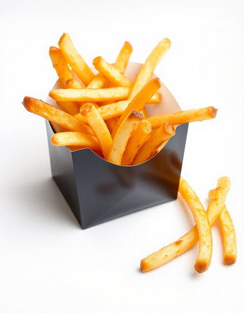 French fries in a black box on a white background. Close up.の写真素材