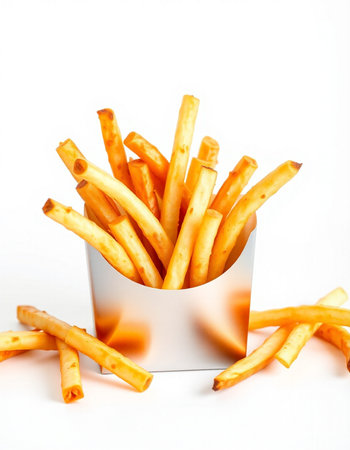 French fries in a paper box on a white background. Isolated