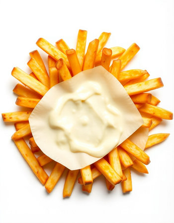French fries with mayonnaise on white background, top view.の写真素材
