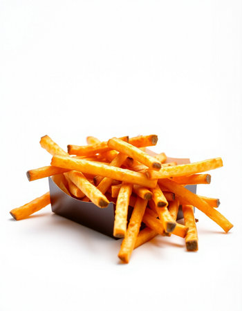 French fries in a box on a white background. Selective focus.の写真素材
