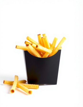 French fries in a black box on a white background. Isolatedの写真素材
