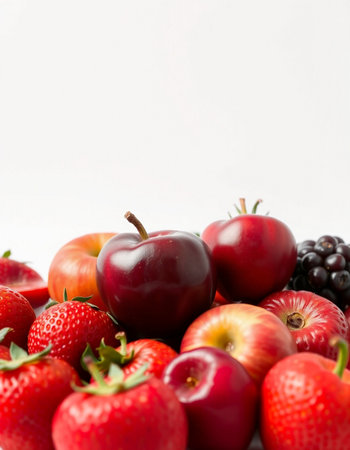 Strawberry, apple, blackberry and raspberry on white backgroundの写真素材