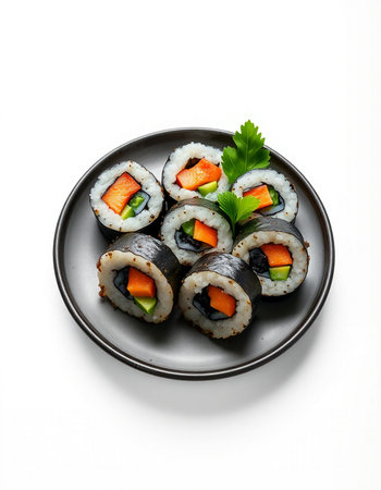 Sushi rolls on a plate isolated on white background, top viewの写真素材