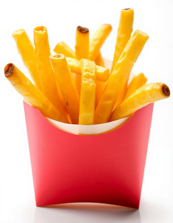 French fries in a red box on a white background, close-up