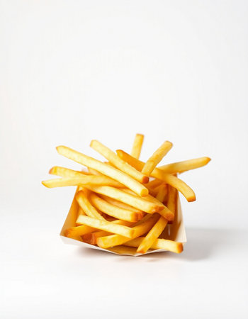 French fries in a paper box on a white background, fast foodの写真素材