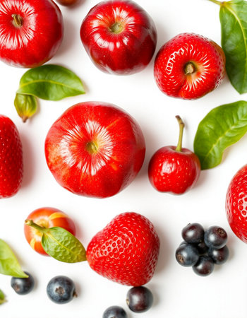 Red apples, blueberries and strawberries on a white background, top viewの写真素材